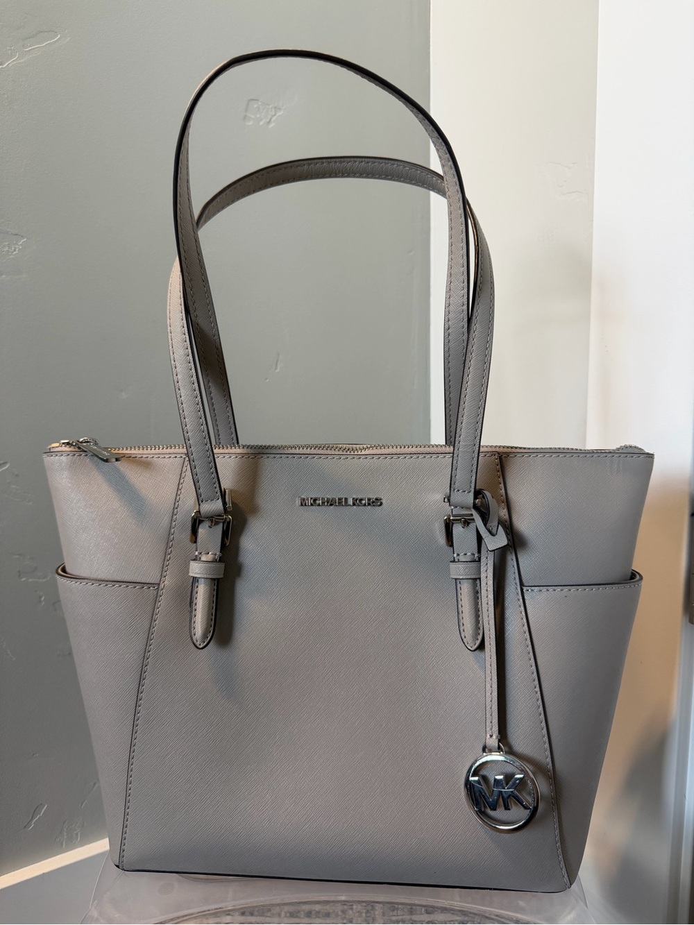 Michael Kors Light Gray Saffiano Tote with Logo Charm